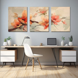 Peinture Triptyque Fleurs Corail sur Fond Beige, art mural décoration nature