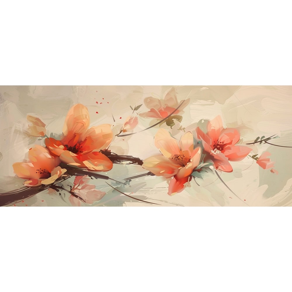 Peinture Triptyque Fleurs Corail sur Fond Beige, art mural décoration nature