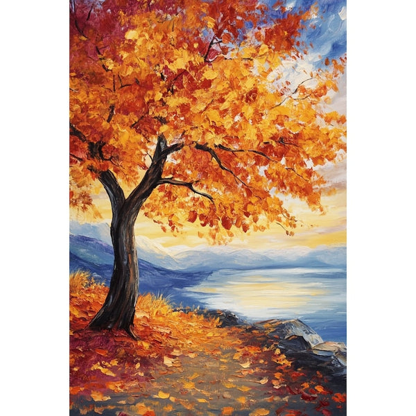 Peinture Arbre d'Automne en Bord de Lac de Montagne, art mural décoration nature
