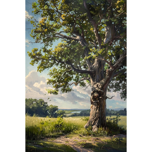 Tableau champêtre vertical, arbre au feuillage vert dense, chemin de terre et lac vert à l'horizon