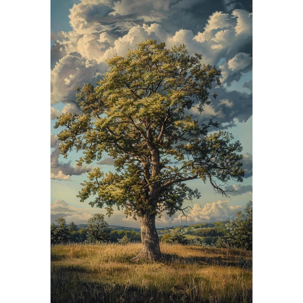 Peinture à l'Huile Arbre dans un Champ d'Été, art mural décoration nature