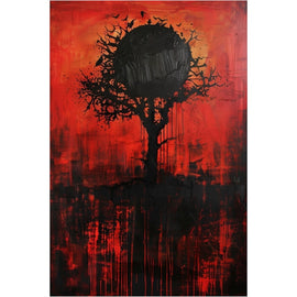 Peinture Abstraite Arbre Noir sur Fond Rouge, art mural décoration nature