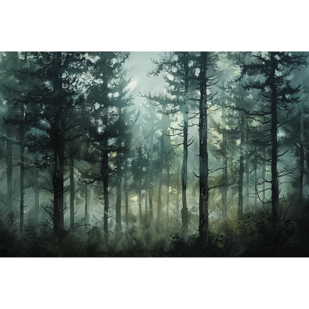 Peinture D'Arbres en Forêt Brumeuse, art mural décoration nature