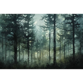 Peinture D'Arbres en Forêt Brumeuse, art mural décoration nature