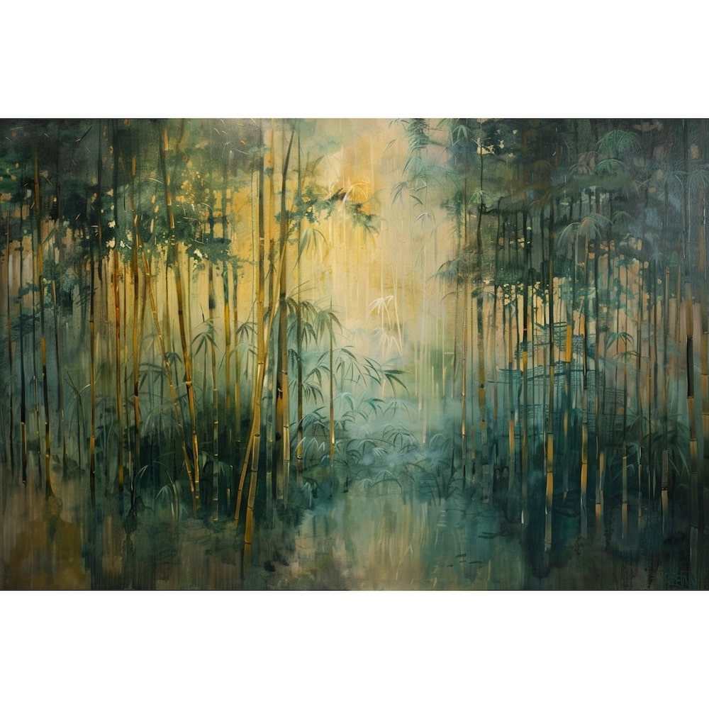 Peinture de Bambou en Forêt Brumeuse Lumière Dorée, art mural décoration nature