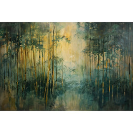 Peinture de Bambou en Forêt Brumeuse Lumière Dorée, art mural décoration nature