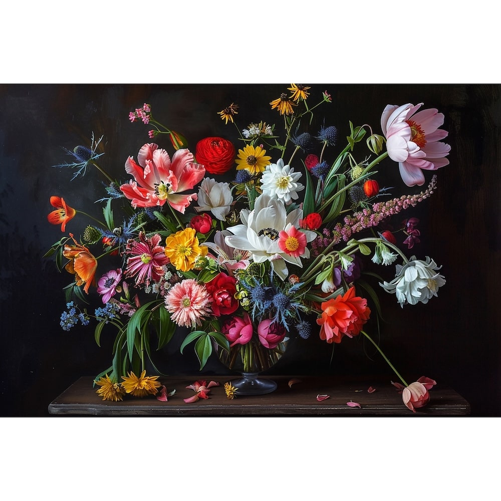 Peinture À l'Huile Bouquet de Fleurs Multicolore, art mural décoration nature