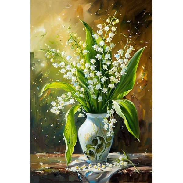 Peinture à l'huile de brins de muguet en vase décoré, feuilles vert vif sur fond doré et ocre
