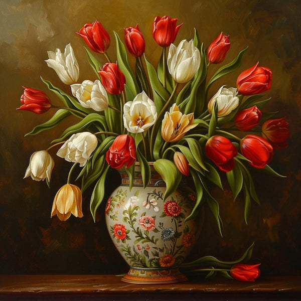 Peinture florale de tulipes écarlates, ivoire et jaunes aux longues feuilles vertes, vase à motifs
