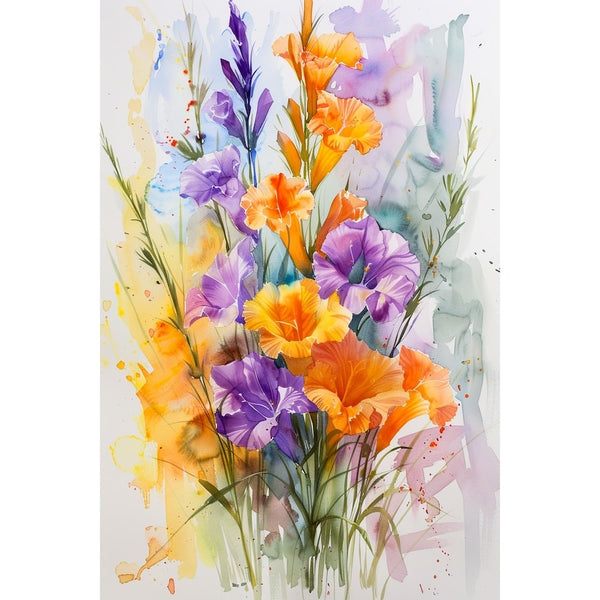 Peinture florale aux lavis orange, jaunes et mauves, pétales froissés et éclaboussures colorées