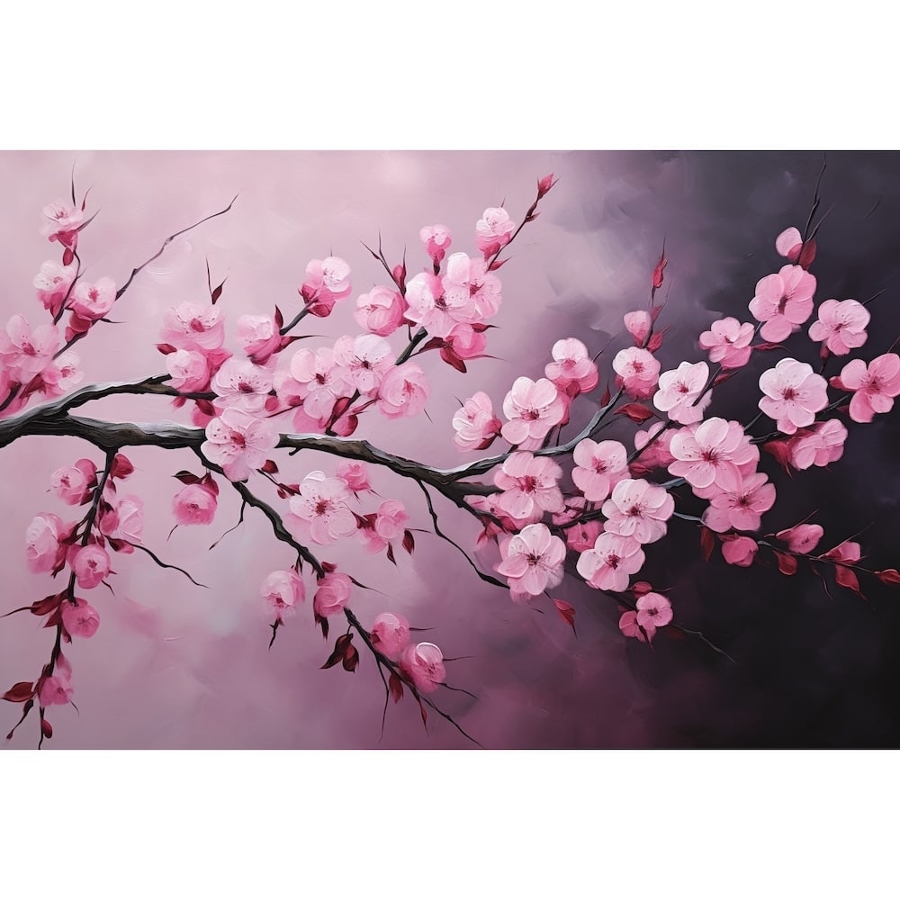 Peinture de fleurs de sakura rose pâle sur une branche noueuse, petites feuilles pourpres, fond mauve