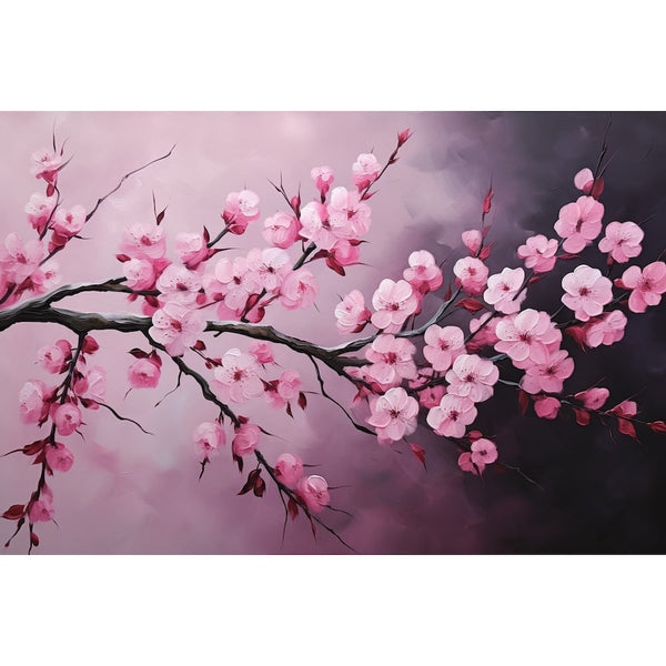 Peinture de fleurs de sakura rose pâle sur une branche noueuse, petites feuilles pourpres, fond mauve