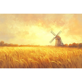 Peinture d'épis de blé mûrs balayés par le vent, moulin en pierre et horizon nimbé de jaune doré