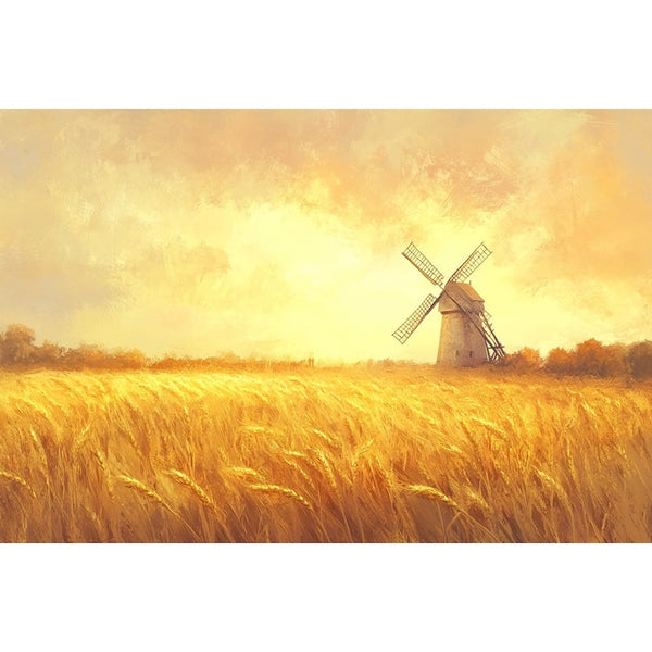 Peinture d'épis de blé mûrs balayés par le vent, moulin en pierre et horizon nimbé de jaune doré