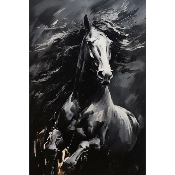 Peinture Cheval Contemporain Noir et Blanc, art mural décoration nature