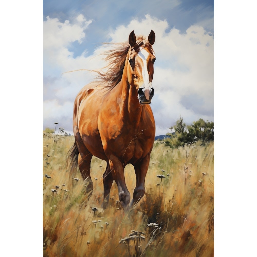 Peinture Cheval en Prairie d'Été, art mural décoration nature