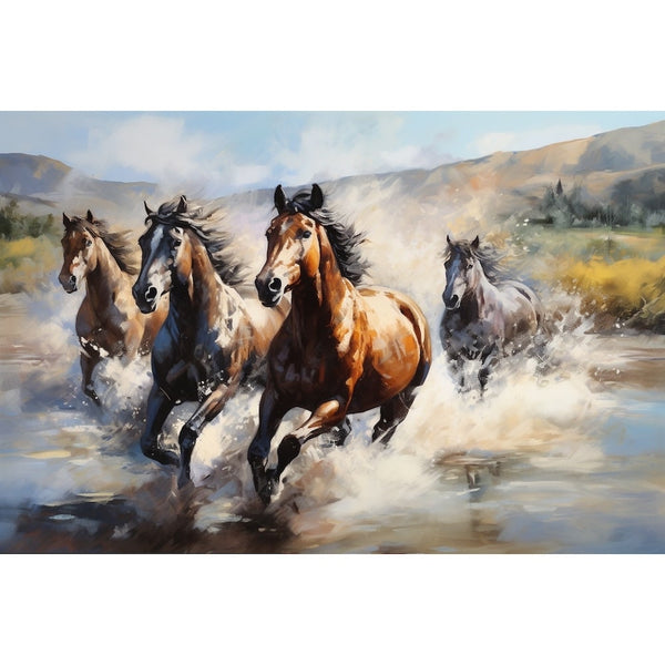 Troupeau de Chevaux dans la Rivière, art mural décoration nature