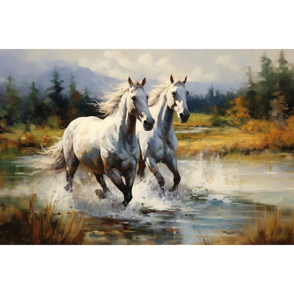 Peinture Chevaux Sauvages dans la Rivière, art mural décoration nature