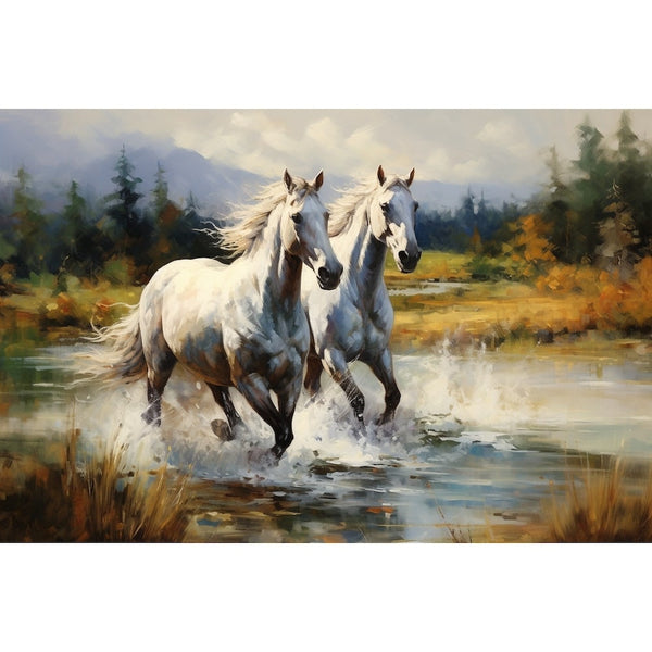 Peinture Chevaux Sauvages dans la Rivière, art mural décoration nature