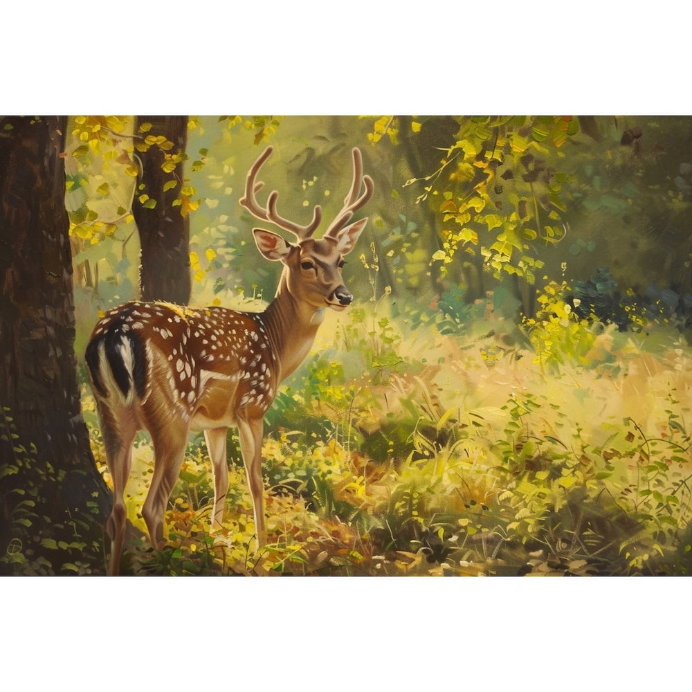 Peinture de Chevreuil en Sous-Bois Ensoleillé, art mural décoration nature