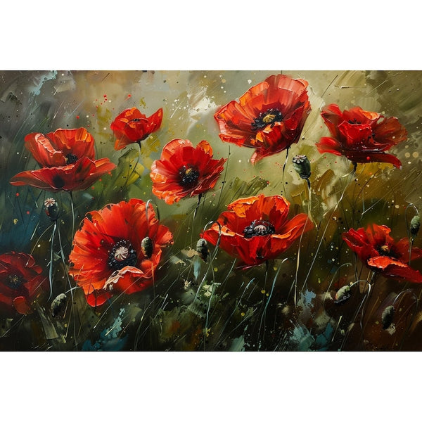 Peinture d'un champ de coquelicots écarlates, boutons duveteux et éclaboussures de couleur sur camaïeu kaki