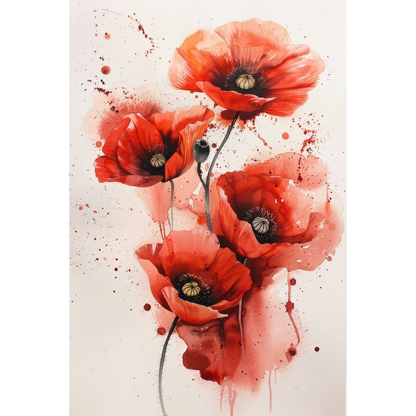 Tableau de coquelicots à l'aquarelle, pétales rouge vif, lavis rosés et fines projections de couleur