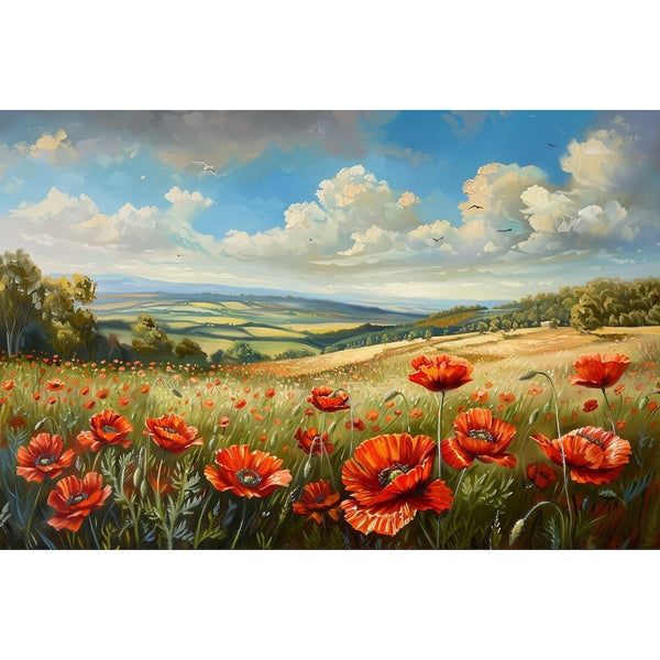 Peinture d'une prairie de coquelicots écarlates, campagne vallonnée dorée et nuages blancs cotonneux