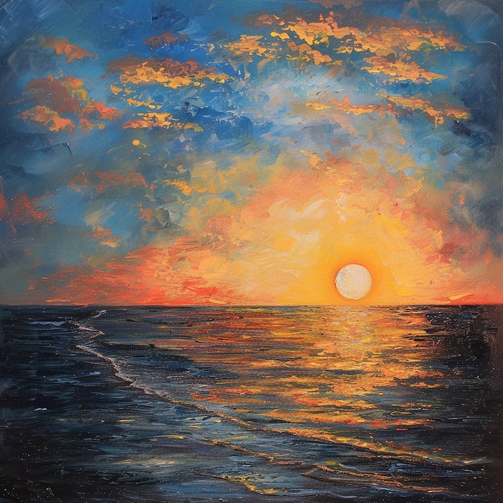 coucher de soleil sur mer peinture