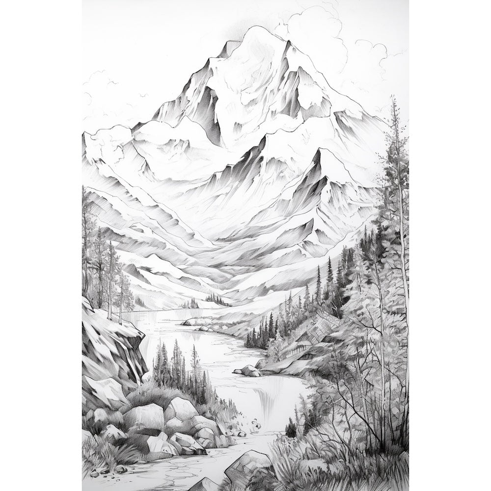 Peinture Dessin Montagne, art mural décoration nature
