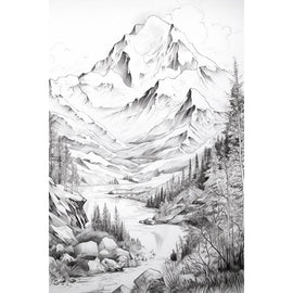Peinture Dessin Montagne, art mural décoration nature