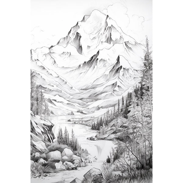 Peinture Dessin Montagne, art mural décoration nature