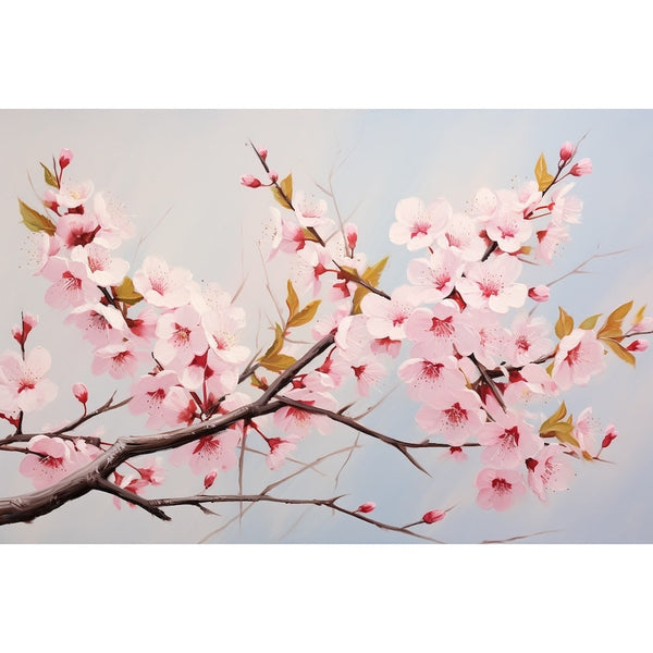 Peinture de sakura aux corolles rose dragée le long d'un rameau brun, jeunes feuilles ambrées, fond clair
