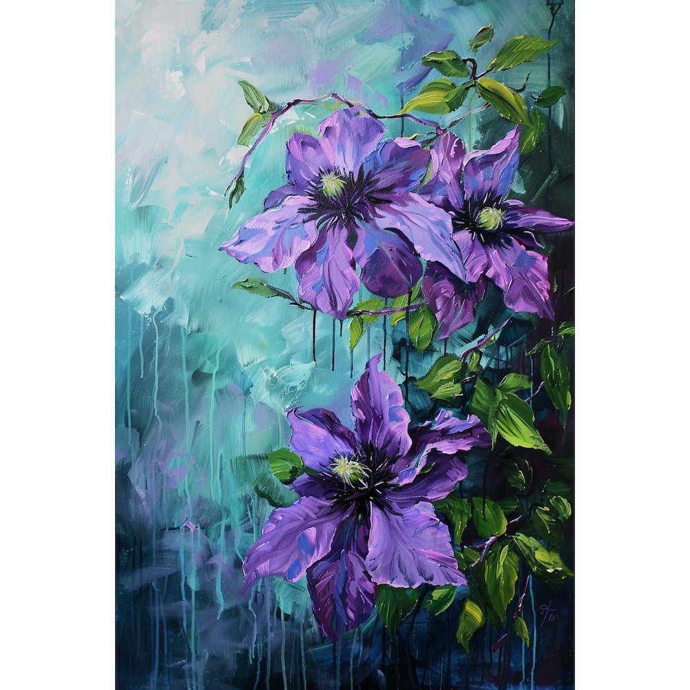 Peinture acrylique de clématites mauves épanouies, feuilles vertes et coulures bleu turquoise en fond