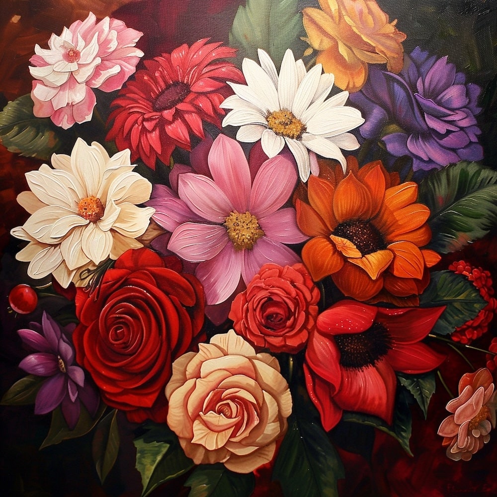 Peinture Huile Fleurs Roses et Dahlias, art mural décoration nature