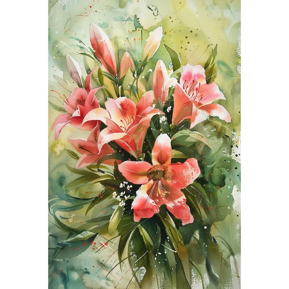Peinture Aquarelle Fleurs Lys Roses, art mural décoration nature