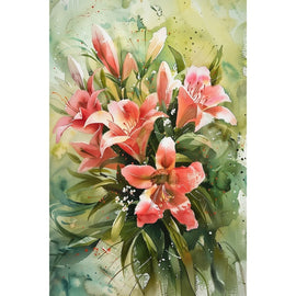 Peinture Aquarelle Fleurs Lys Roses, art mural décoration nature