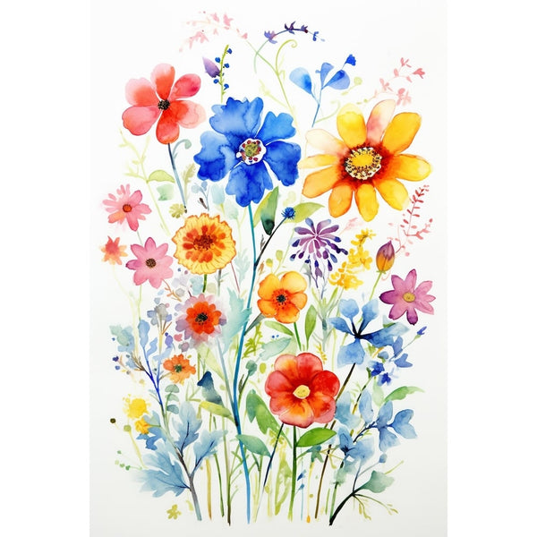 Peinture d'un bouquet champêtre aux tiges bleutées, pétales roses, orangés et violets très lumineux