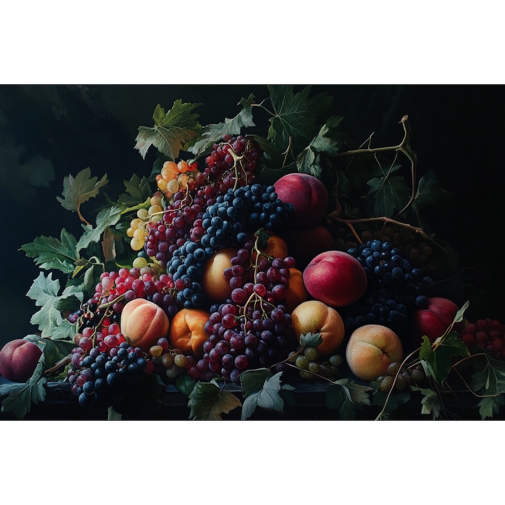 Tableau Nature Morte aux Raisins, Pêches et Abricots, art mural décoration nature