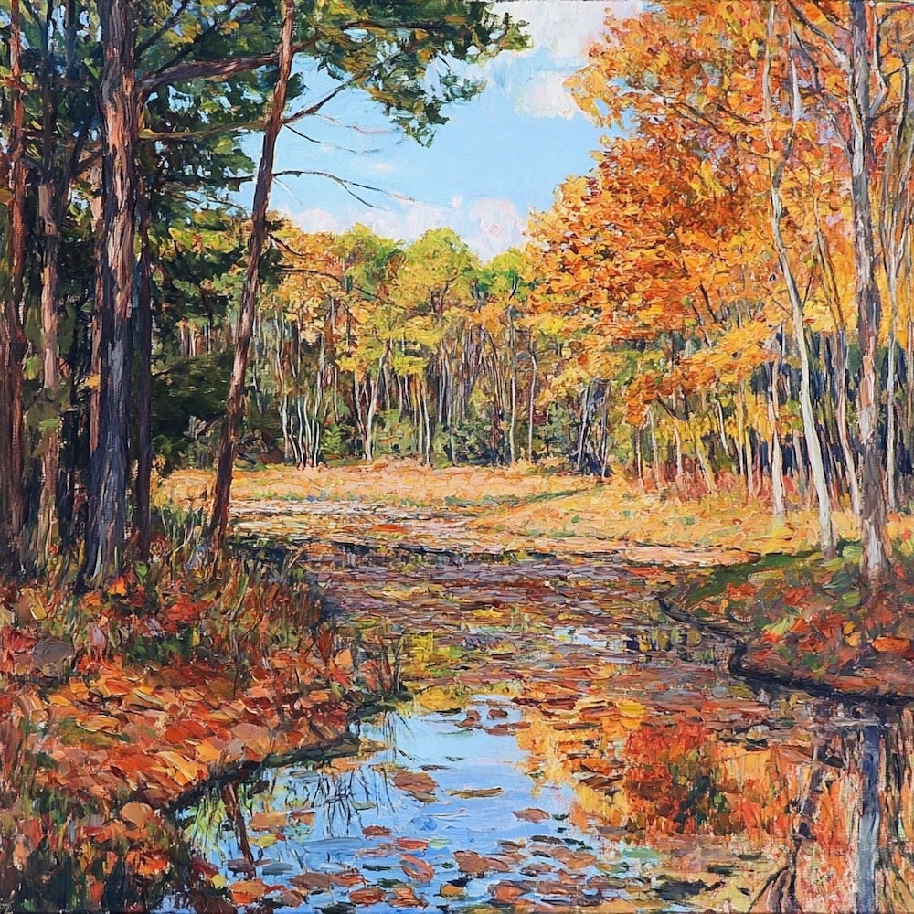 Peinture Sous-Bois et Étang d'Automne, art mural décoration nature