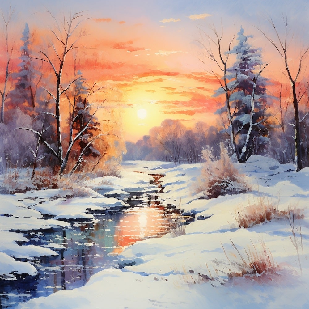 Peinture Coucher de Soleil Hivernal, art mural décoration nature