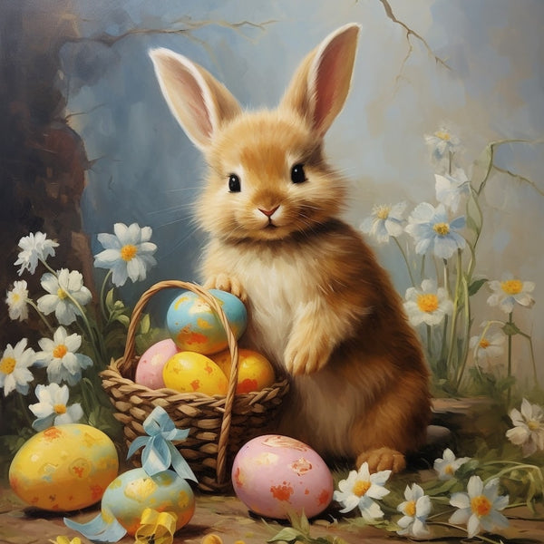 Peinture Lapin Roux au Panier d'Œufs et Marguerites, art mural décoration nature
