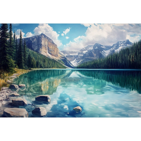 Peinture de Lac Alpin Miroir aux Montagnes Enneigées, art mural décoration nature