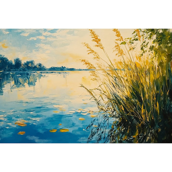 Peinture Étang aux Roseaux en Été, art mural décoration nature