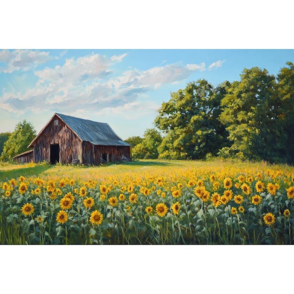 Tableau Champ de Tournesols et Grange, art mural décoration nature