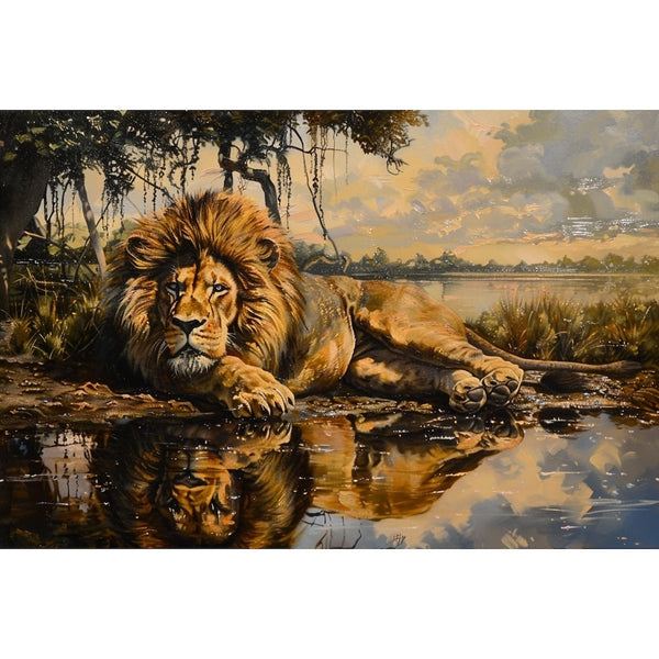 Peinture Lion au Bord de l'Eau, art mural décoration nature