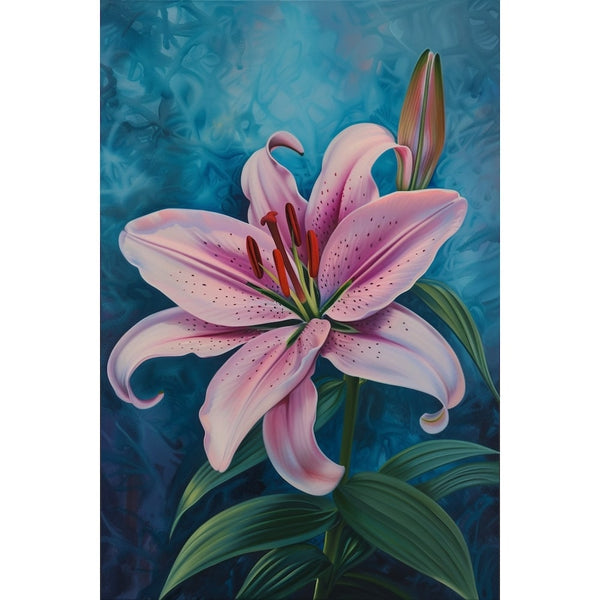 Tableau floral d'un grand lys rose épanoui, feuillage vert sombre et fond turquoise nuancé