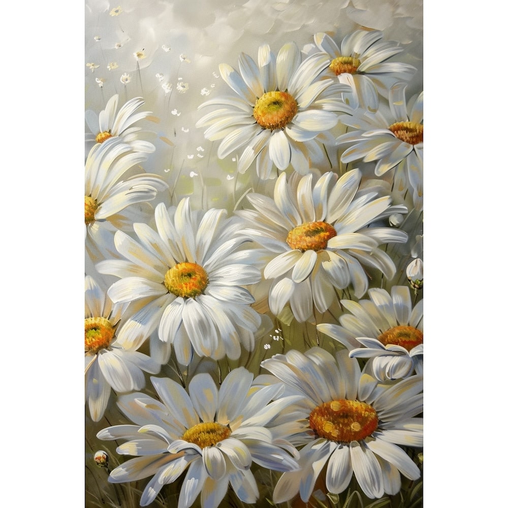 Peinture florale d'un massif de marguerites, corolles blanches lumineuses et cœurs dorés en gros plan