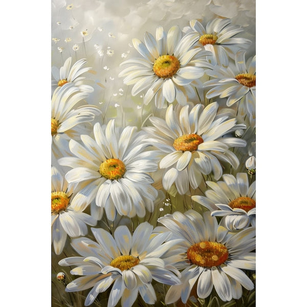 Peinture florale d'un massif de marguerites, corolles blanches lumineuses et cœurs dorés en gros plan