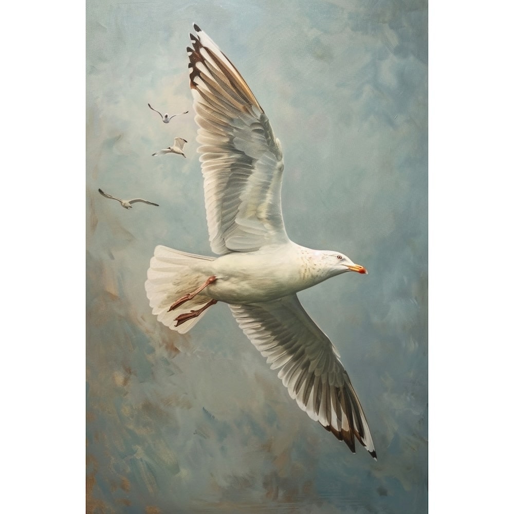 Peinture Mouette aux Ailes Déployées en Vol, art mural décoration nature
