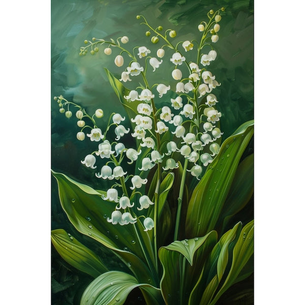 Peinture florale de muguets en gerbe, fines tiges arquées, clochettes nacrées et feuillage vert émeraude